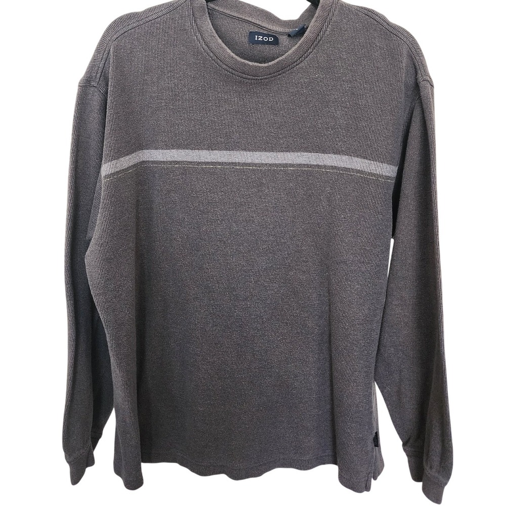 IZOD Mens Charcoal Grey Striped Crewneck Cotton Knit Sweater Large L